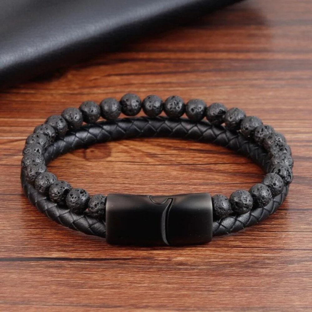 Lava Rock Beads Stone Men's Leather Braided Bracelet Bangle Magnetic Clasp